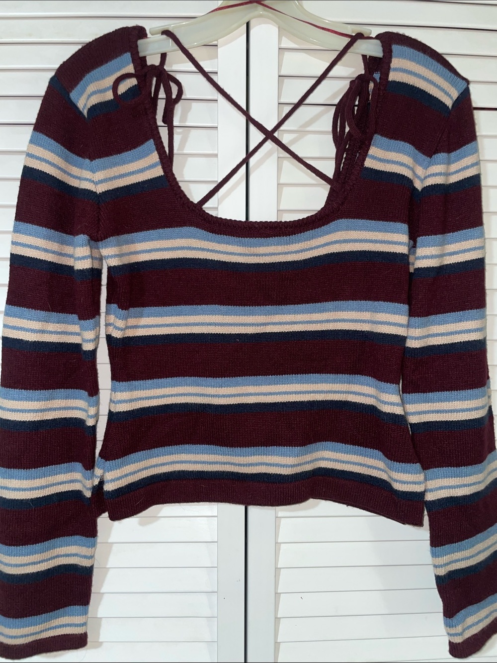 Le Lis Burgundy Striped Long-Sleeve Scoop Neck Top with Crossback Ties